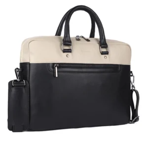 Cassette Signature Leather Laptop Bag – Black & Sand | Fits Up to 15.6-Inch Laptops